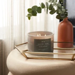 14oz Lidded Gray Glass Jar Crackling Wooden 3-Wick Candle With Paper Label Vetiver + Moss - Thresholdâ˘