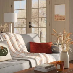 Windowpane Plush With Shearling Reverse Throw Blanket Cream/Orange - Thresholdâ˘
