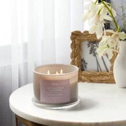 14oz Lidded Gray Glass Jar Crackling Wooden 3-Wick Candle With Paper Label Coastal Wind + Lavender - Thresholdâ˘