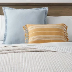 Oblong Woven Stripe Braided Fringe Decorative Throw Pillow Dark Gold - Thresholdâ˘