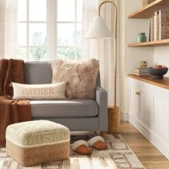 Oversized Gather Embroidered Lumbar Throw Pillow Cream - Threshold™