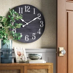 26" Farmhouse Wooden Wall Clock Black - Thresholdâ˘