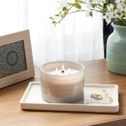 14oz Lidded Gray Glass Jar Crackling Wooden 3-Wick Candle With Clear Label Sandalwood + Smoke - Thresholdâ˘