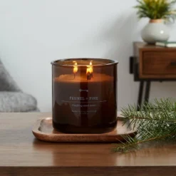 23oz XL 3-Wick Fennel + Pine Wooden Amber Glass With Wood Lid And Stamped Logo Amber Candle - Thresholdâ˘